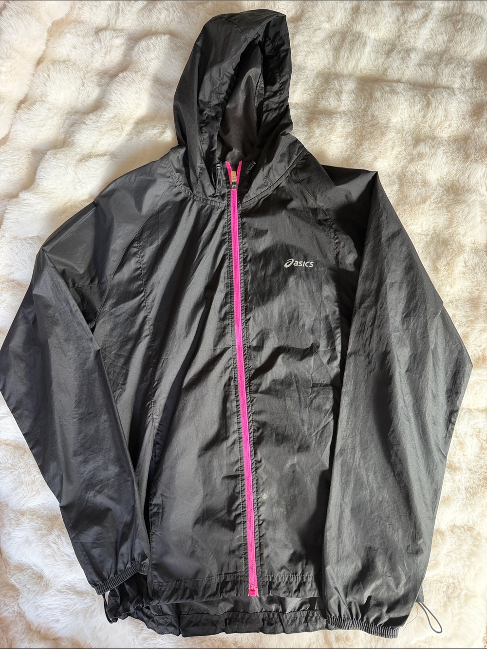 Asics Black Hooded Windbreaker with Pink Zipper
